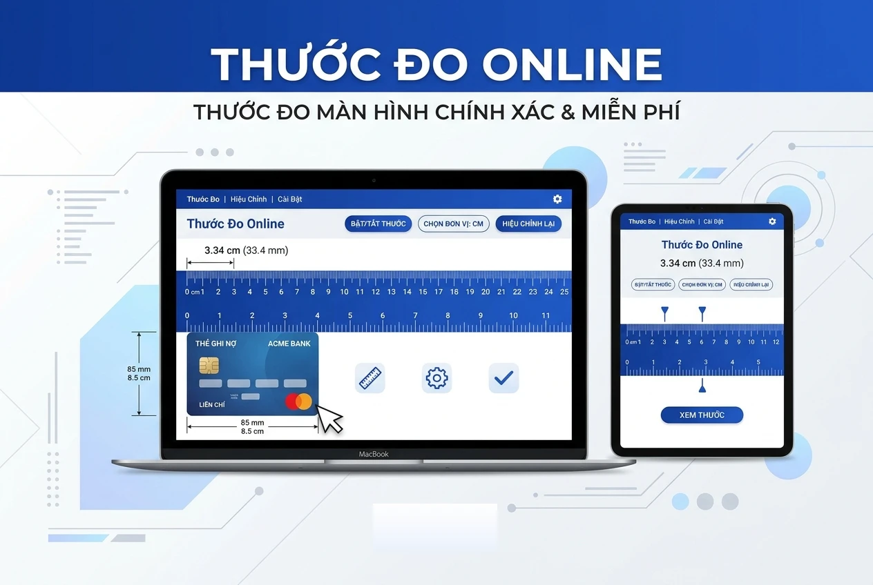 Thước đo online chuẩn với tính năng hiệu chuẩn kích thước thực cm, mm và inch trực tiếp trên màn hình.